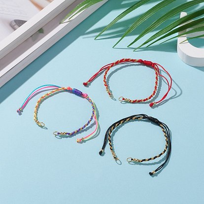 Adjustable Nylon Braided Cord Bracelet Making, with Metallic Cord, Brass Beads & 304 Stainless Steel Jump Rings