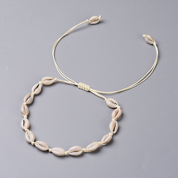 Cowrie Shell Choker Necklaces, Braided Necklaces, with Eco-Friendly Korean Waxed Polyester Cord