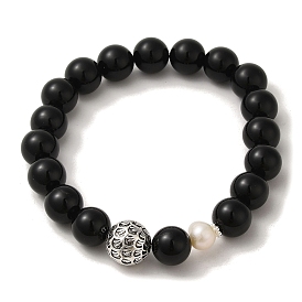 Bracelets extensibles ronds en perles naturelles, obsidienne et laiton