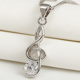 Musical Note Real Platinum Plated Brass Cubic Zirconia Pendants, 21.5x8x3.5mm, Hole: 4x3.5mm