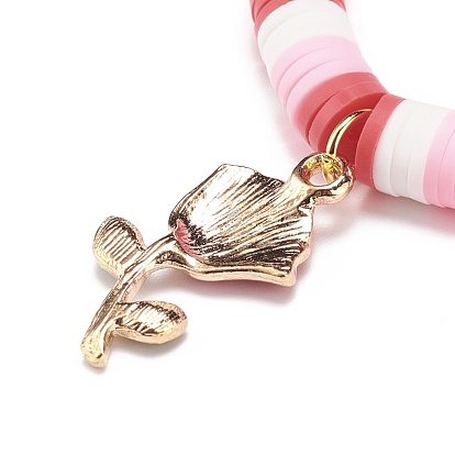 4Pcs 4 Style Handmade Polymer Clay Heishi Surfer Stretch Bracelets Set, Heart Skeleton Key & Flower Alloy Enamel Charms Bracelets for Women