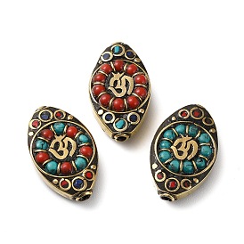 Perles de style à la main tibétains, avec des résultats en laiton et turquoise synthétique, Or antique, oeil de cheval avec motif ohm/aum