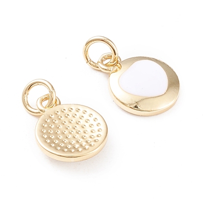 Brass Enamel Charms, with Jump Rings, Long-Lasting Plated, Flat Round with Heart