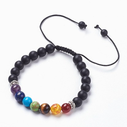 Chakra bijoux, bracelets de perle tressés de pierres précieuses naturelles réglables, avec des pierres d'espacement en alliage de pierre mélangée et de style tibétain, givré, ronde, Emballage en toile de jute