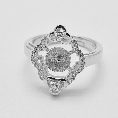 Adjustable 925 Sterling Silver Ring Components, For Half Drilled Beads, with Cubic Zirconia, Rhombus