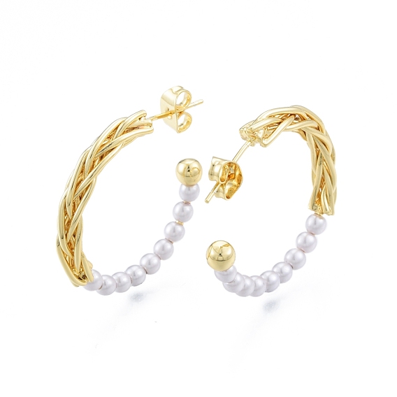ABS Plastic Imitation Pearl Beaded Ring Stud Earrings, Brass Half Hoop Earrings for Women