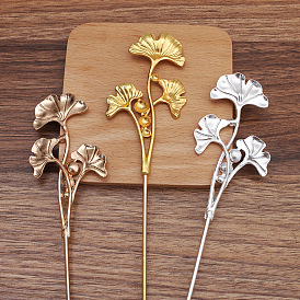 Iron Hair Stick Findings, with Alloy Cabochons Setting, Leaf