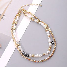 Fashionable Double-layered Twisted Chain Necklace with Irregular Pearl Patchwork for Women