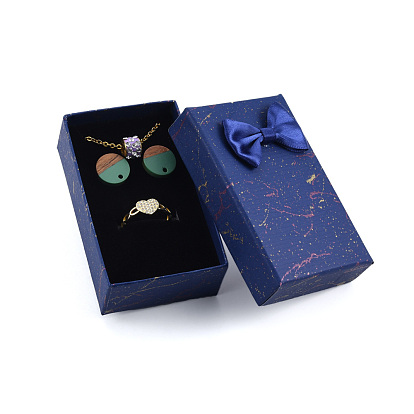 Cardboard Jewelry Set Boxes, for Necklaces, Ring, Earring, with Bowknot Ribbon Outside and Black Sponge Inside, Rectangle