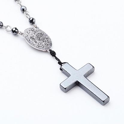 Non-magnetic Synthetic Hematite Pendant Necklaces, Rosary Bead Necklaces for Easter, Cross and Oval with Virgin