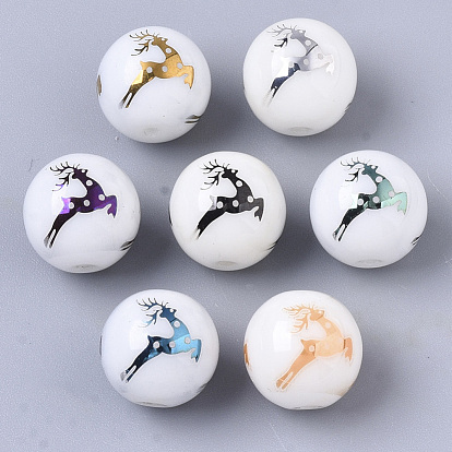 Christmas Opaque Glass Beads, Round with Electroplate Elk Christmas Reindeer/Stag Pattern