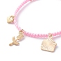 Bracelet à breloques en alliage d'émail rose enveloppe coeur, bracelet réglable tressé pour la saint valentin