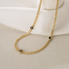 Fashionable Heart-shaped Cuban Chain with Copper-plated Gold and Zirconia for Women's Unique Hip-hop Personality Clavicle Necklace