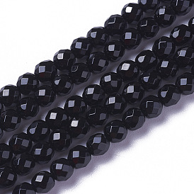 Natural Black Onyx Beads Strands, Dyed & Heeated, Faceted, Round