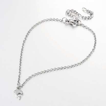 Mixed Shape Stainless Steel Pendant Anklets, with Lobster Clasps and End Chains, 230x2mm