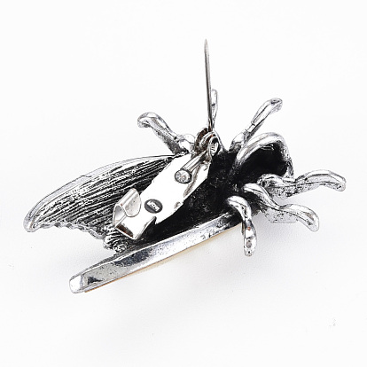 Cicada Shape Natural Shell Brooch Pin, Alloy with Rhinestone Lapel Pin for Backpack Clothing, Lead Free & Cadmium Free, Antique Silver