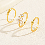 3pcs 3 ensemble d'anneaux de manchette ouverts en laiton de style, anneaux empilables en zircone cubique et fleur en émail