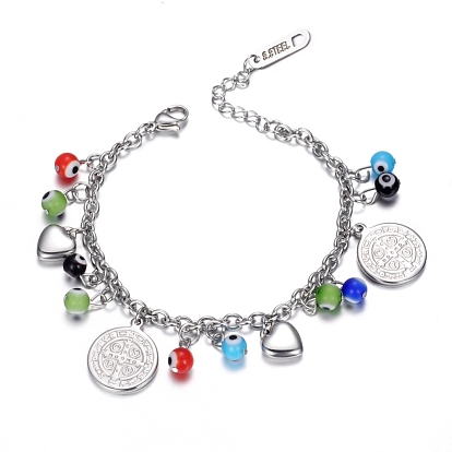 304 Stainless Steel Charm Bracelets, with Evil Eye Beads and Lobster Claw Clasps, Flat Round with San Benito