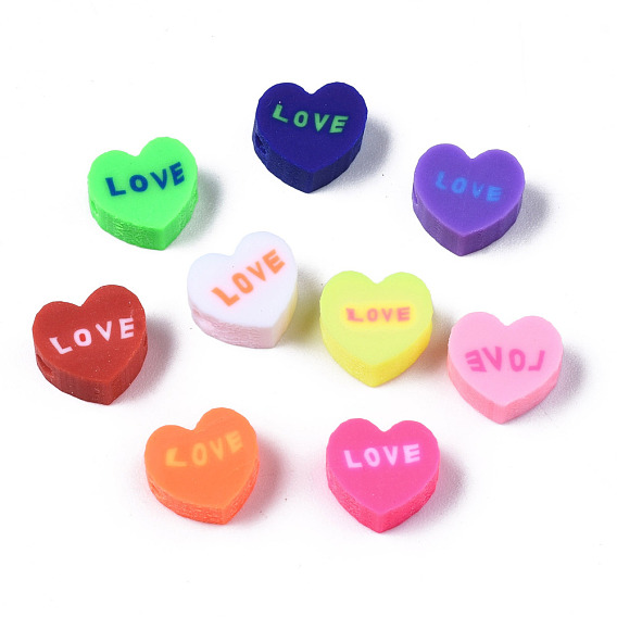 Handmade Polymer Clay Beads, Heart with Word Love