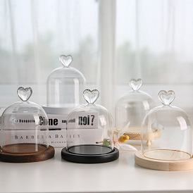 Couvercle de dôme en verre à haute teneur en borosilicate, vitrine décorative coeur, terrarium cloche cloche avec base en bois