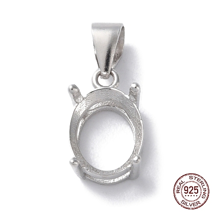 Rhodium Plated Rack Plating 925 Sterling Silver Pendants Cabochon Settings, 4-Prong Bezel Settings, Oval, with 925 Stamp