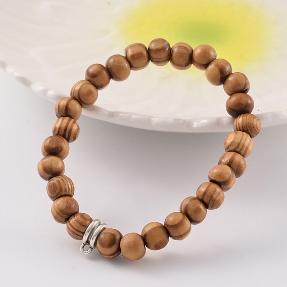 Bois rond bracelets en perles extensibles, avec des bélières en alliage de style tibétain, argent antique, 54mm