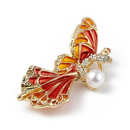 Pasador de esmalte de hada mariposa con diamantes de imitación de cristal, estilo, insignia de aleación de oro claro con perla de plástico para mujer