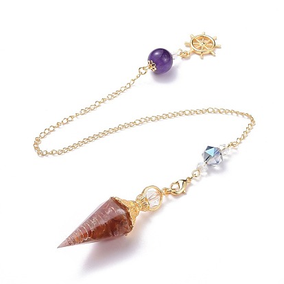 Resin Hexagonal Pointed Dowsing Pendulums(Brass Finding and Gemstone Inside), with Brass Chain, Chakra, Faceted, Cone