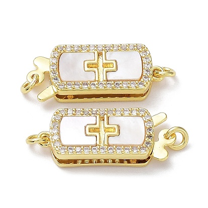 Rack Plating Brass Micro Pave Clear Cubic Zirconia Box Clasps, with Natural Shell, 1-Strand, 2-Hole, Long-Lasting Plated, Lead Free & Cadmium Free, Rectangle with Cross