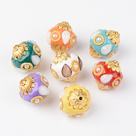 Perles rondes indonésiennes manuelles, avec des noyaux en alliage acrylique et, or, 24~25x22~23mm, Trou: 1.6~2mm