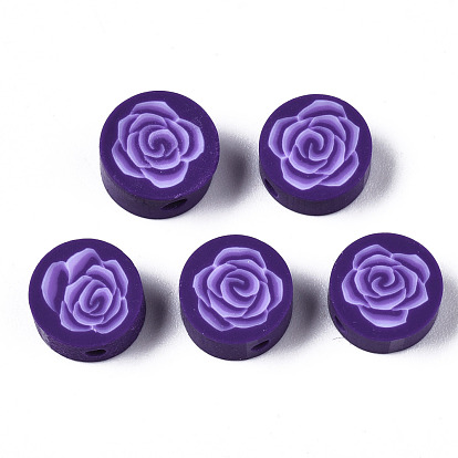 Handmade Polymer Clay Beads, for DIY Jewelry Crafts Supplies, Flat Round with Flower
