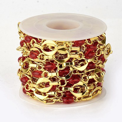 Rack Plating Brass Rhombus & Ring & Oval Link Chains, with Red Glass Beaded, Unwelded, with Spool, Lead Free & Cadmium Free