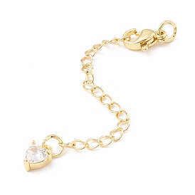 Brass Micro Pave Cubic Zirconia Chain Extender, with Stainless Steel Lobster Claw Clasps and Heart Charm, Long-Lasting Plated