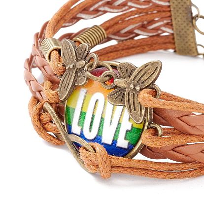 Rainbow Pride Bracelet, Flat Round with Pattern & Butterfly Links Multi-strand Bracelet for Men Women, Chocolate