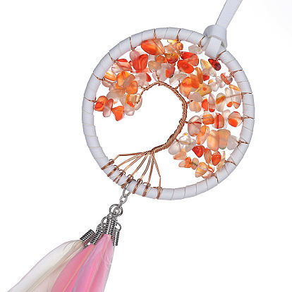 Woven Net/Web with Feather Pendant Decoration, with Fiber, Gemstone Beads & Copper Wire, Flat Round with Tree of Life