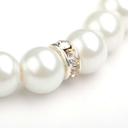 Glass Pearl Round Beads Stretch Bracelets, with Silver Color Plated Brass Middle East Rhinestone Beads, 52mm