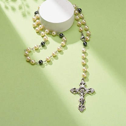 Collares de cuentas de rosario de vidrio y hematites sintéticos para mujeres, collares colgantes de aleación de cruz de jesús