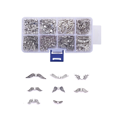 Perles en alliage d'aile, 4~12x14~30x3~4mm, Trou: 1mm, à propos de 8compartiments/boîte, 30 pcs / compartiment