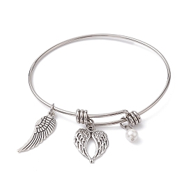 304 Stainless Steel Expandable Bangle, Wings Alloy Charm Bangle