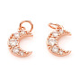 Brass Micro Pave Cubic Zirconia Charms, with Jump Rings, Moon, Clear