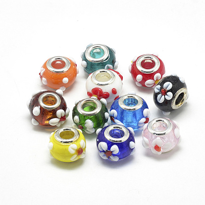 Handmade Lampwork European Beads, Bumpy Lampwork, with Platinum Brass Double Cores, Large Hole Beads, Rondelle with Flower