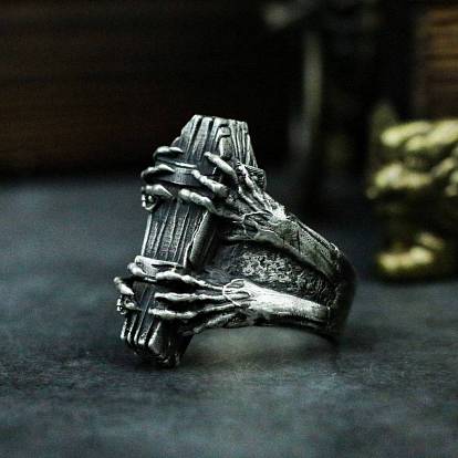 316 Stainless Steel Skeleton Hand Finger Ring, Gothic Style Ring for Men Women