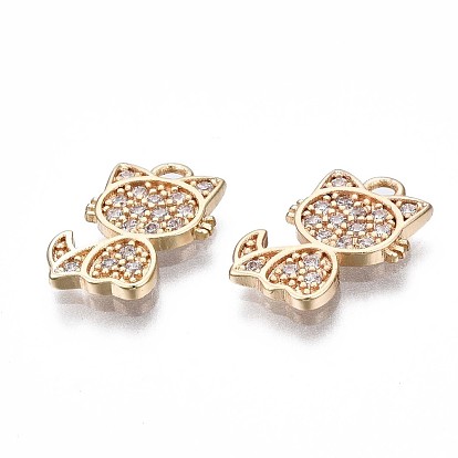Brass Micro Pave Clear Cubic Zirconia Charms, Cat