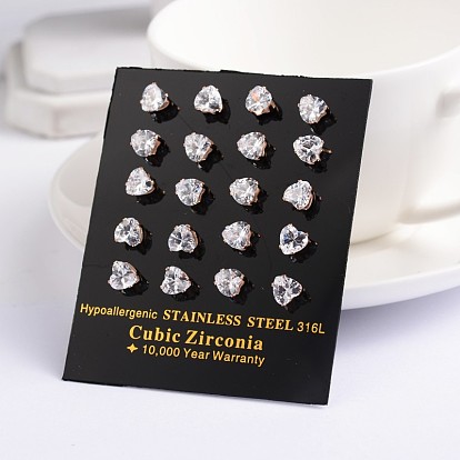 Heart 304 Stainless Steel Cubic Zirconia Stud Earrings