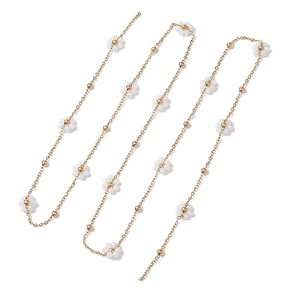 Flower Glass Beaded Link Chain, with 304 Stainless Steel Satellite Chain, Soldered