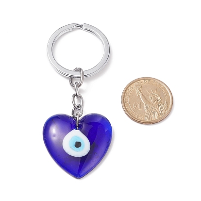 Handmade Lampwork Evil Eye Pendants Keychain, with Alloy Split Key Rings, Heart & Flat Round & Hamsa Hand & Teardrop