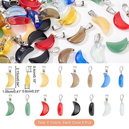 SUPERFINDINGS 48Pcs 8 Colors Transparent & Imitation Jade Spray Painted Glass Pendants, with Platinum Plated Brass Bails, Crescent Moon