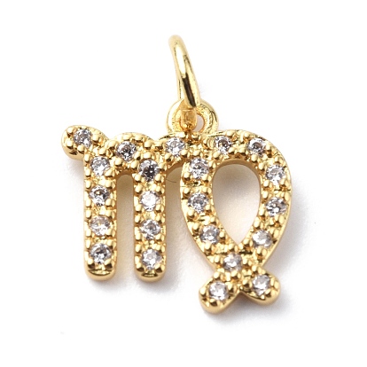 Brass Micro Pave Cubic Zirconia Charms, Twelve Constellations Charm, with Jump Rings, Real 18K Gold Plated