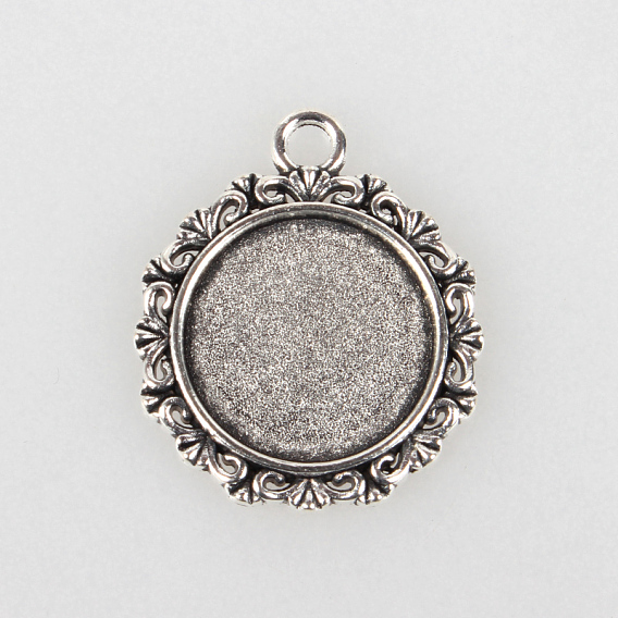 Tibetan Style Alloy Pendant Cabochon Settings, Cadmium Free & Lead Free, Flat Round, Tray: 18mm, 30x25x2mm, Hole: 3mm, about 290pcs/kg