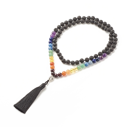 7 Chakra Buddhist Necklace, Natural & Synthetic Mixed Gemstone Round Beaded Necklace with Alloy Buddha Head and Big Tassel for Women